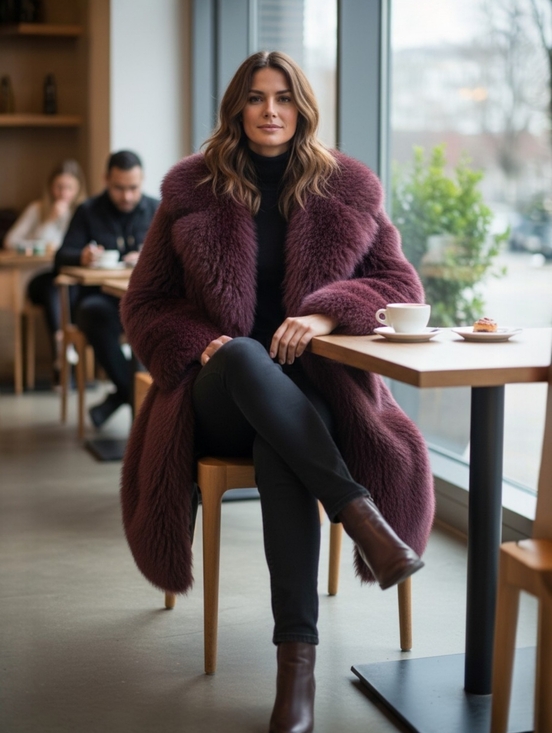 Genuine Mongolian Lamb Fur Coat - Luxurious Fur (Burgandy/Wine) - Picture 11 of 15